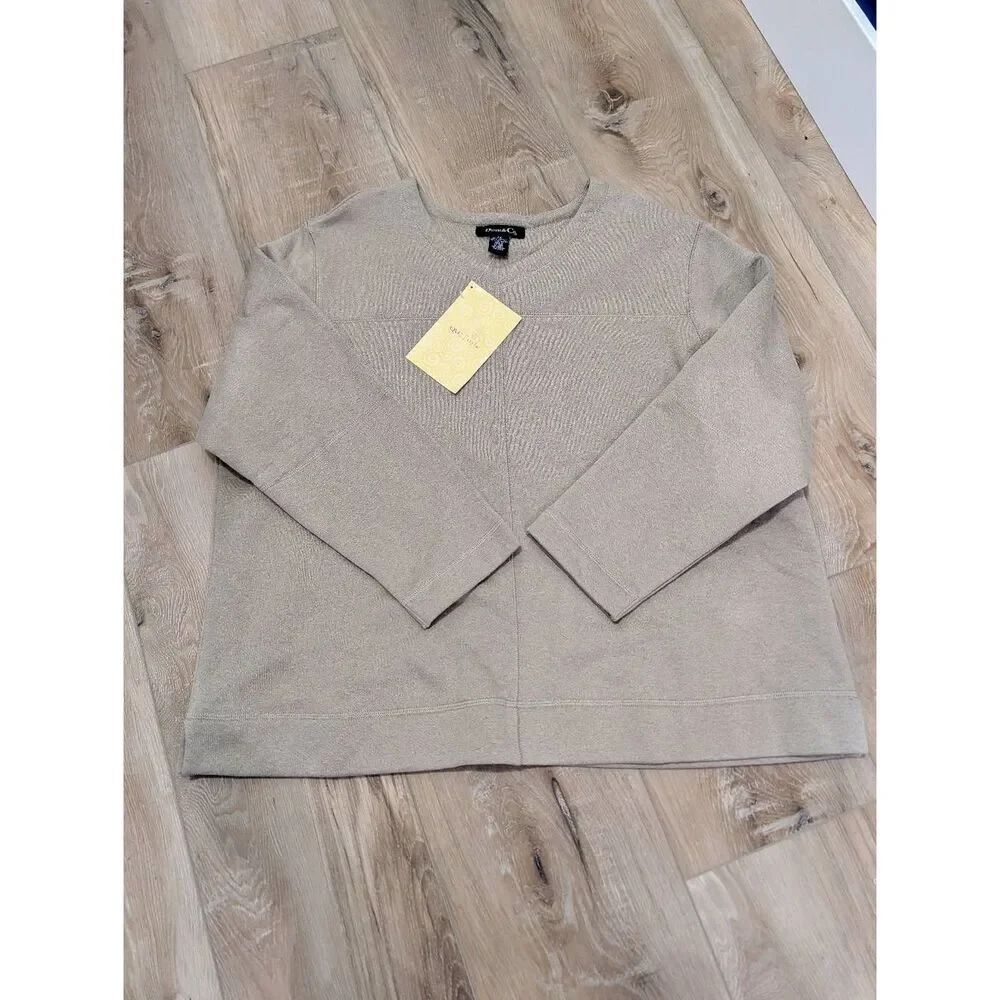 Denim & Co Essential French Terry V-Neck Seamed Pullover Beige 2X NWT QVC